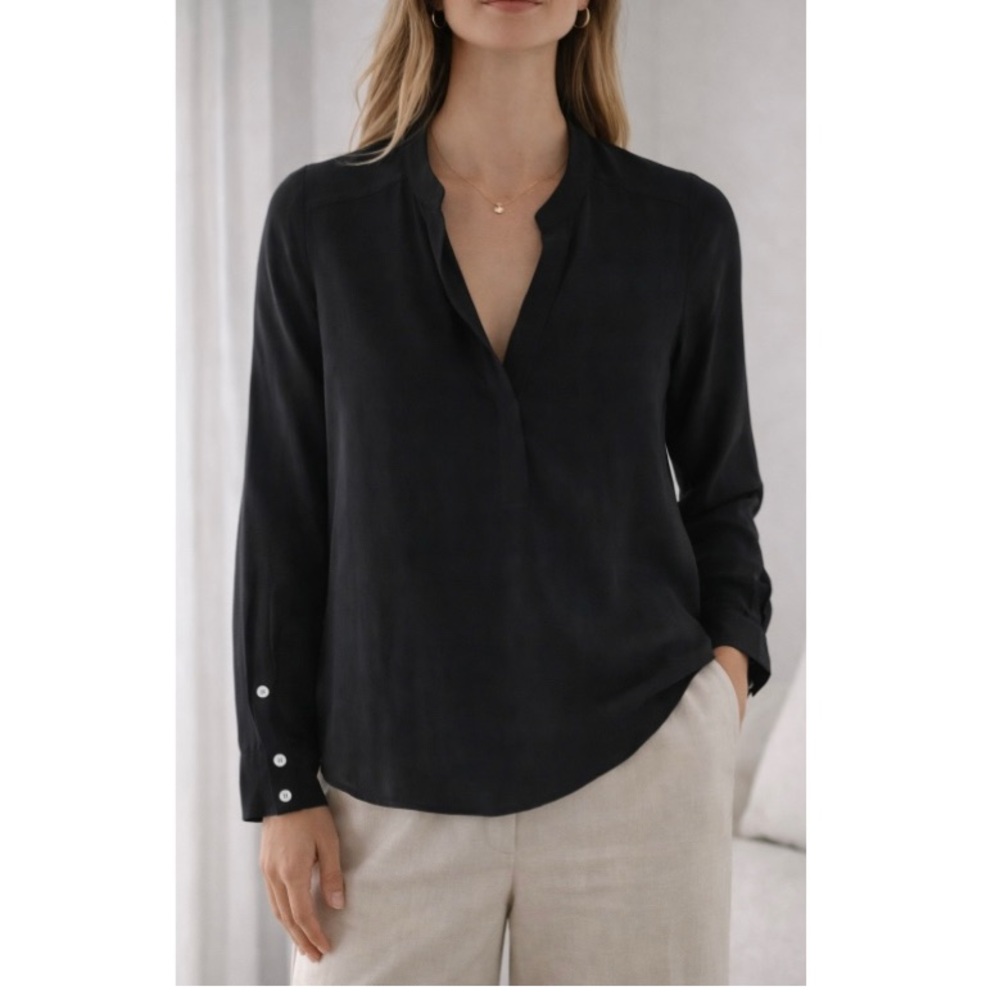 🎆 VINCE Black Blouse Long Sleeve Split Neck Minimalist Quiet Luxury Top 2